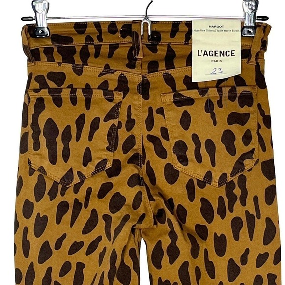 New L’AGENCE Margot Brown Animal Print Coated High Rise Skinny Jeans 23 Ankle - Picture 7 of 10